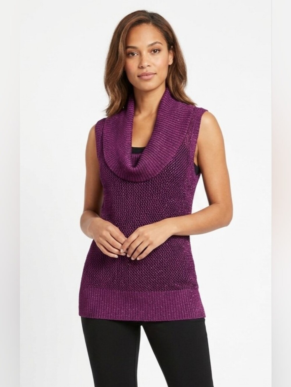 Cache Sleeveless Cowl Neck Sweater - Purple Size L